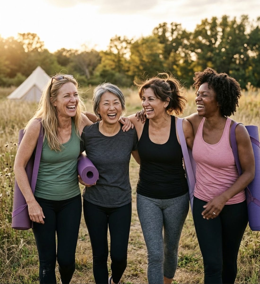 A group of women laughing together outdoors after a class